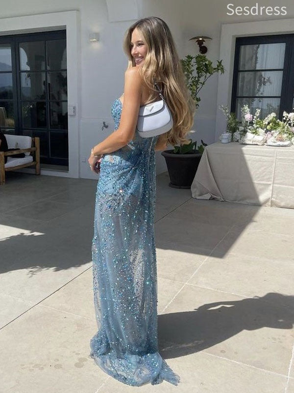 Sexy Blue V-neck Spaghetti Strap A-line Long Evening Dress,Prom Dress