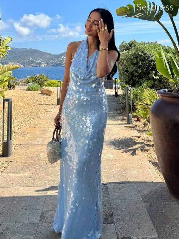 Sparkly Solid Color Sequins Halter Plunging Neckline Backless Mermaid Long Evening Dress,Prom Dress