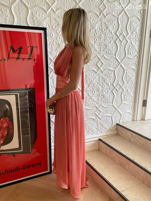 Sexy Deep V-neck Halter Backless A-line Long Evening Dress,Prom Dress