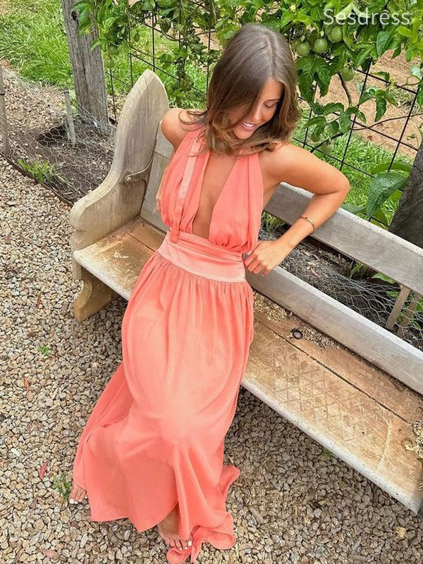 Sexy Deep V-neck Halter Backless A-line Long Evening Dress,Prom Dress