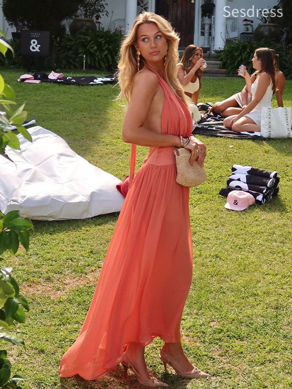 Sexy Deep V-neck Halter Backless A-line Long Evening Dress,Prom Dress