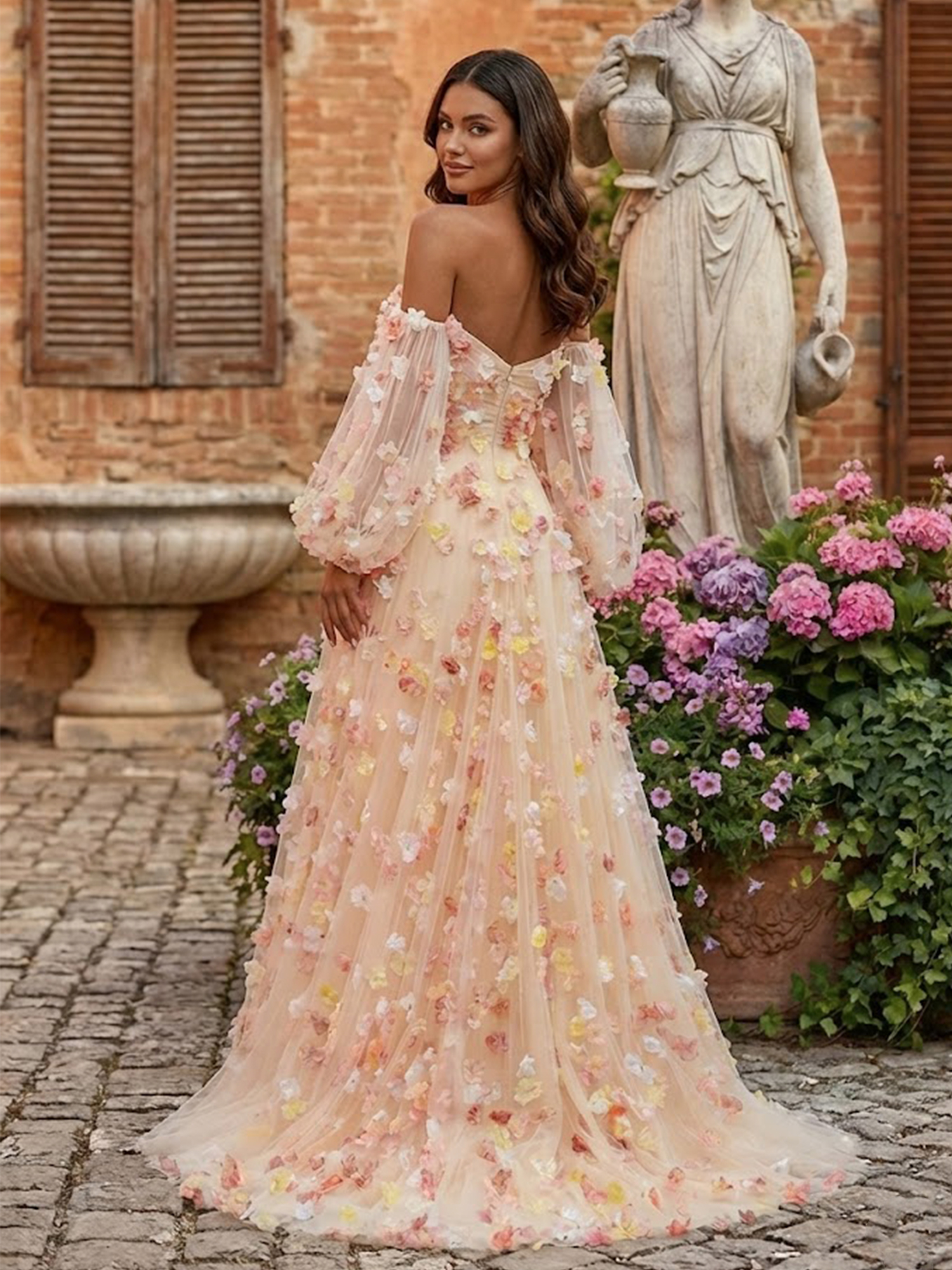 3D Flower Prom Dresses for Teens Puff Sleeves Spring Wedding Guest Dress