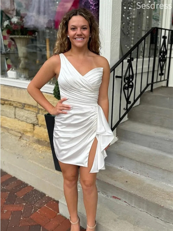 Ivory One Shoulder V-neck Side Slit Bodycon Mini Homecoming Dress