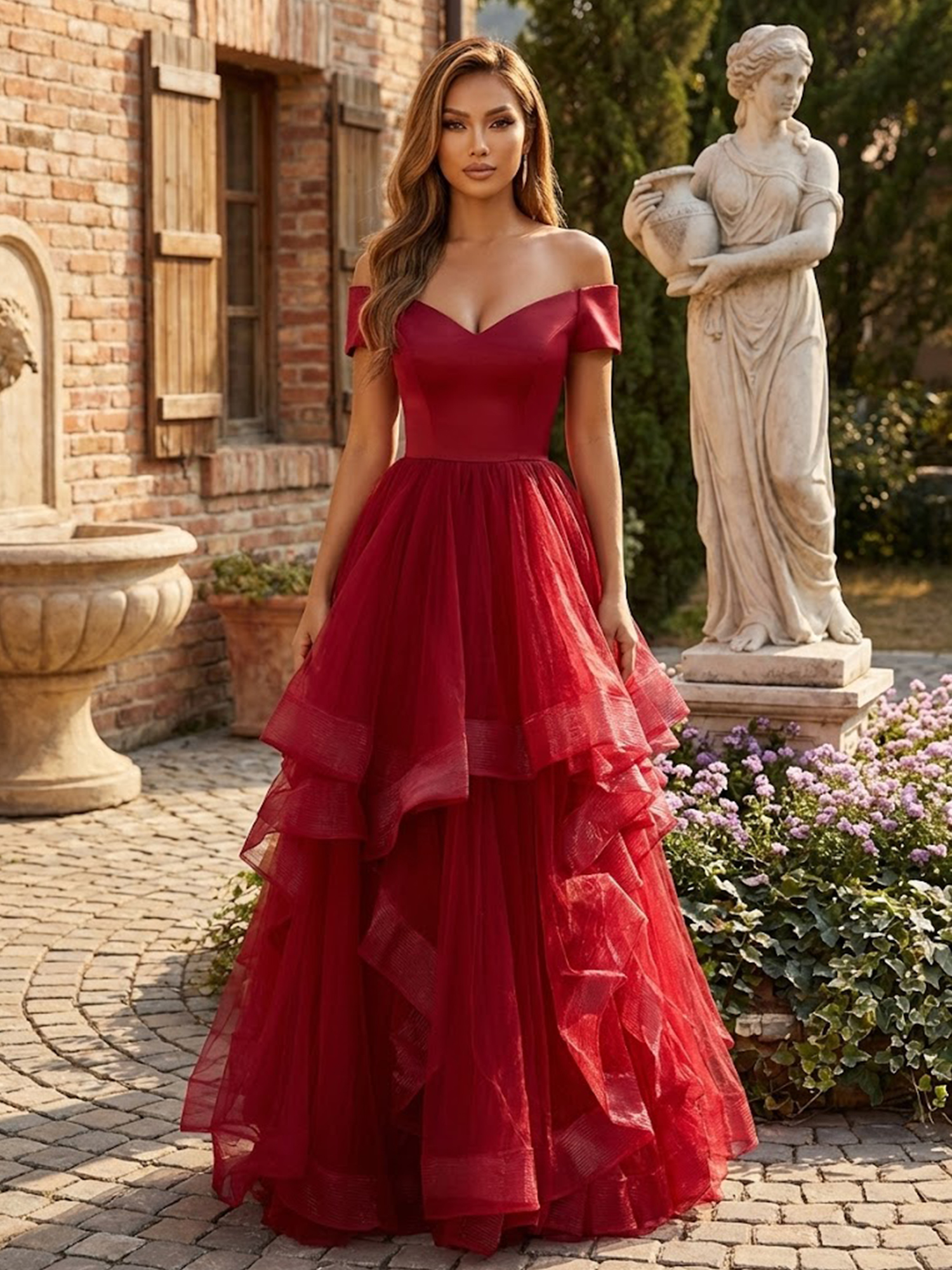 Off the Shoulder Tiered Prom Dresses for Teens V Neck Wedding Guest Dress