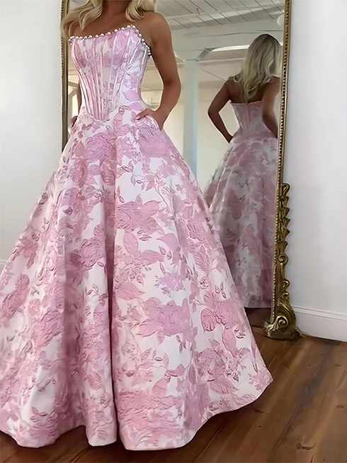 Pink Strapless A Line 3D Print Flower Prom Gowns with Beads