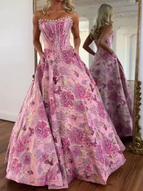 Pink Strapless A Line 3D Print Flower Prom Gowns with Beads