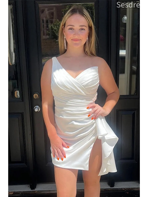 Ivory One Shoulder V-neck Side Slit Bodycon Mini Homecoming Dress