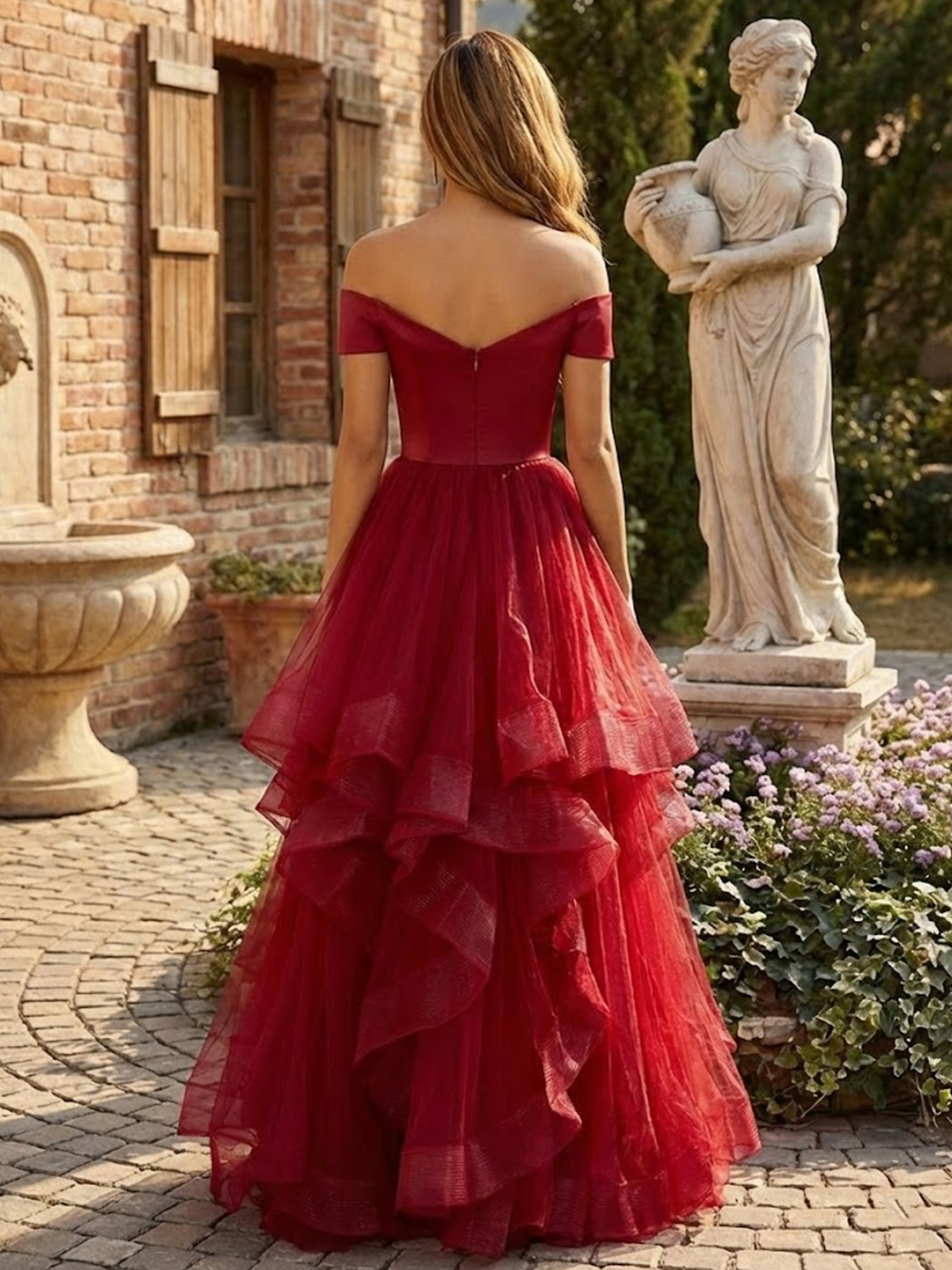 Off the Shoulder Tiered Prom Dresses for Teens V Neck Wedding Guest Dress