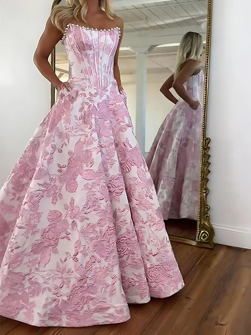 Pink Strapless A Line 3D Print Flower Prom Gowns with Beads