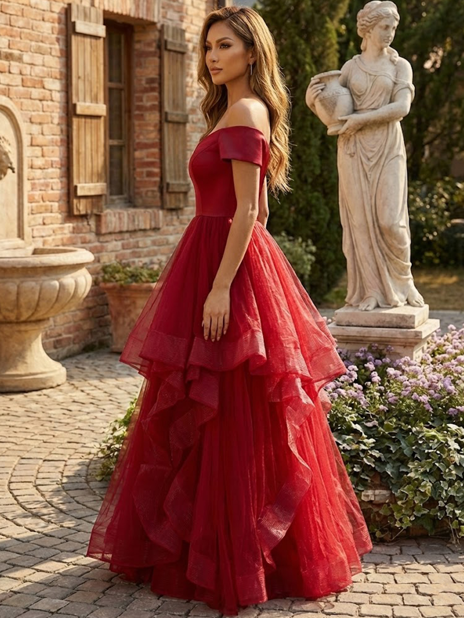 Off the Shoulder Tiered Prom Dresses for Teens V Neck Wedding Guest Dress