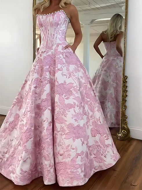 Pink Strapless A Line 3D Print Flower Prom Gowns with Beads
