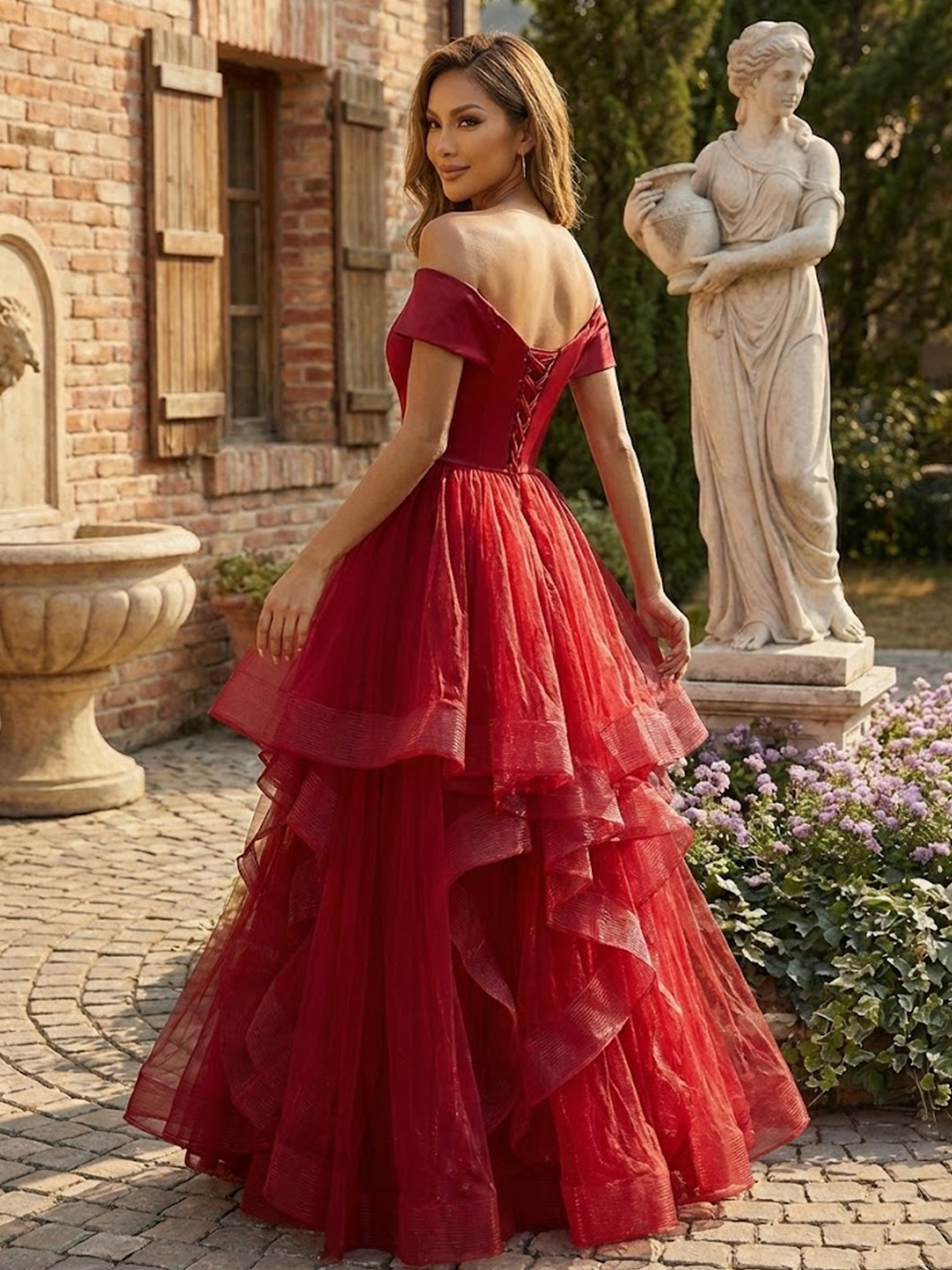 Off the Shoulder Tiered Prom Dresses for Teens V Neck Wedding Guest Dress