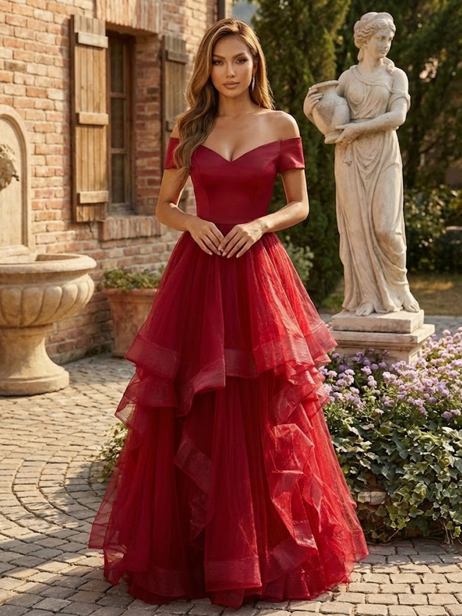 Off the Shoulder Tiered Prom Dresses for Teens V Neck Wedding Guest Dress