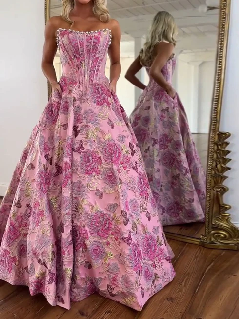 Pink Strapless A Line 3D Print Flower Prom Gowns with Beads