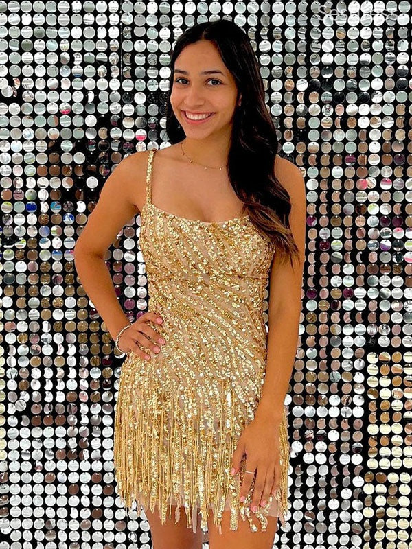 Gold Sparkly Sequins Spaghetti Strap Bodycon Short Mini Dress Homecoming Dress