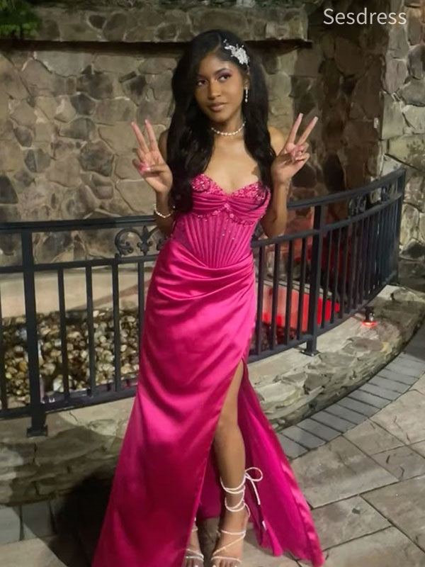 Gorgeous Sweetheart Spaghetti Strap Beaded Pleats Side Slit Mermaid Long Evening Dress,Prom Dress