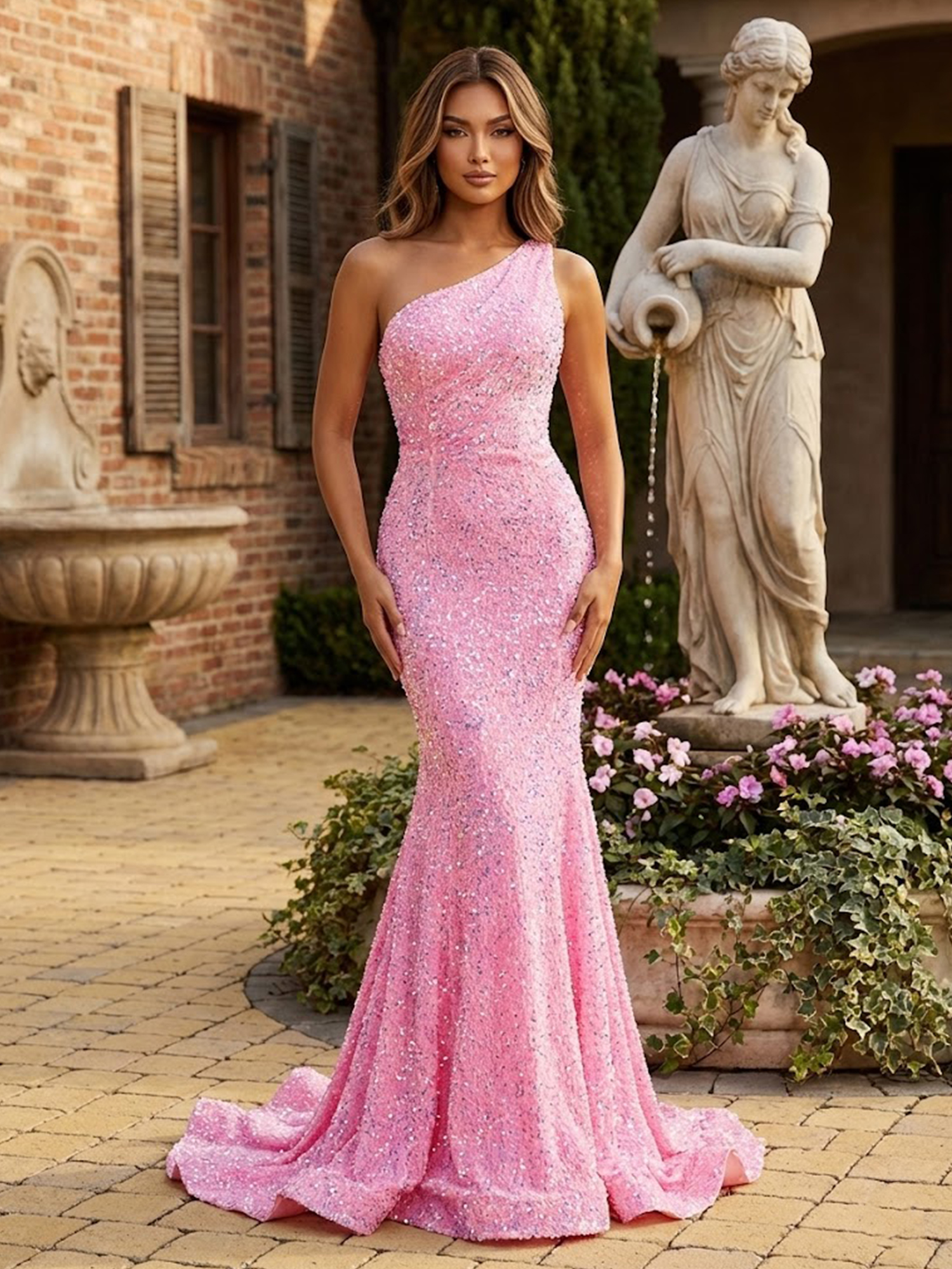 One Shoulder Prom Dresses for Teens Sparky Sequins Mermaid Formal Dress