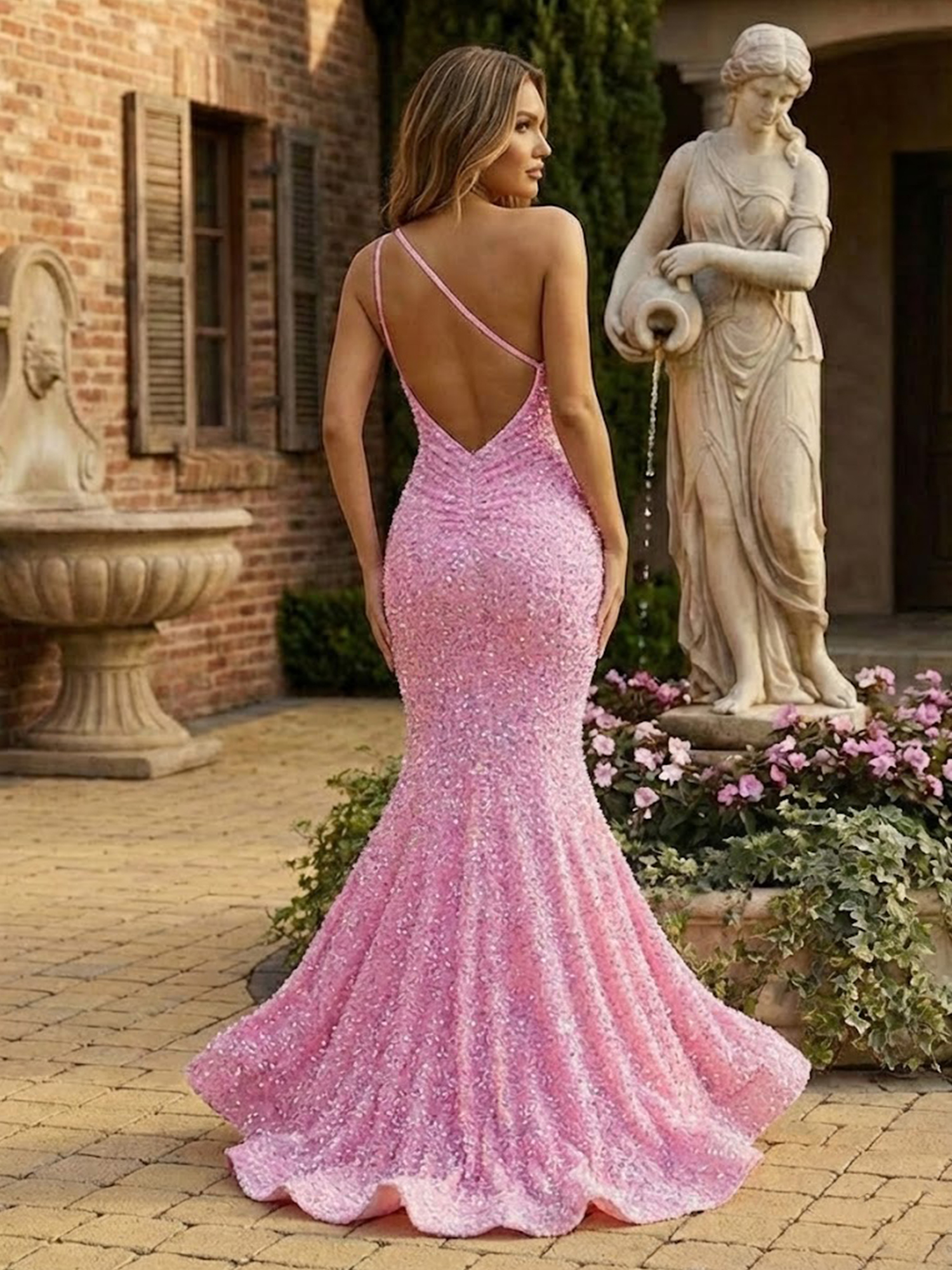 One Shoulder Prom Dresses for Teens Sparky Sequins Mermaid Formal Dress