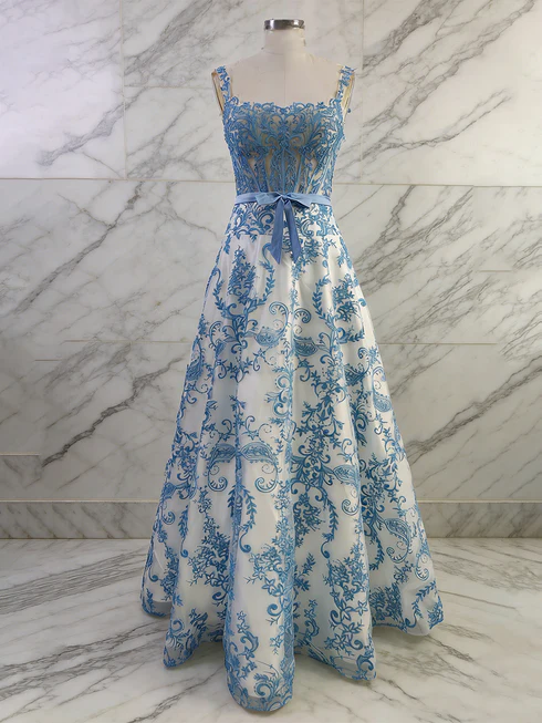 Blue Regular Straps A Line Bow Prom Gowns with Applique
