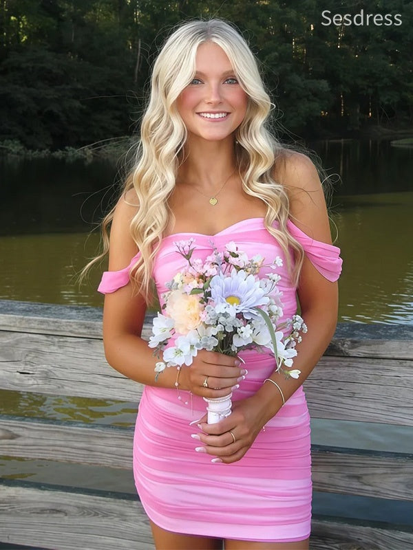Gorgeous Pink Off-Shoulder Strapless Bodycon Short Mini Dress Homecoming Dress