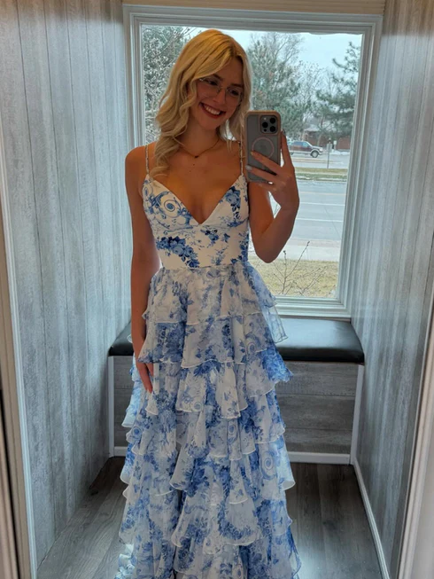 Blue Spaghetti Straps V Neck Mermaid Chiffon Tiered Prom Dresses