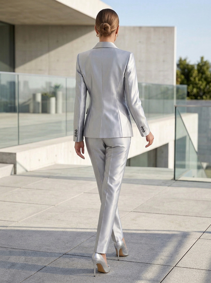 Silver Notched Lapel Single‑Button 2‑Piece Suit for Women