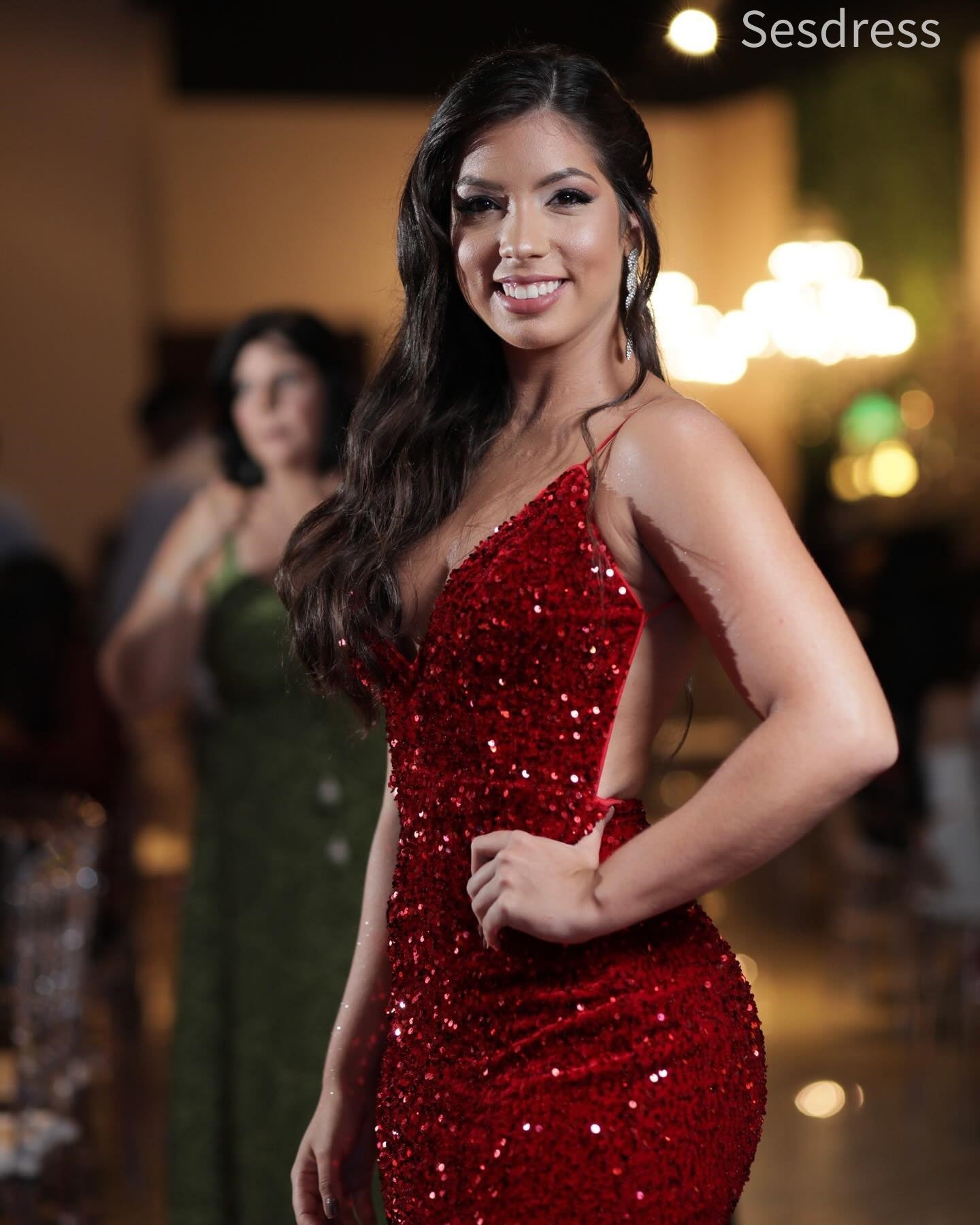 Sparkly Sequins V-neck Spaghetti Strap Side Slit Mermaid Long Evening Dress,Prom Dress