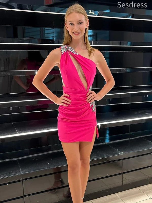 Sexy One Shoulder Beaded Bodycon Short Mini Dress Homecoming Dress