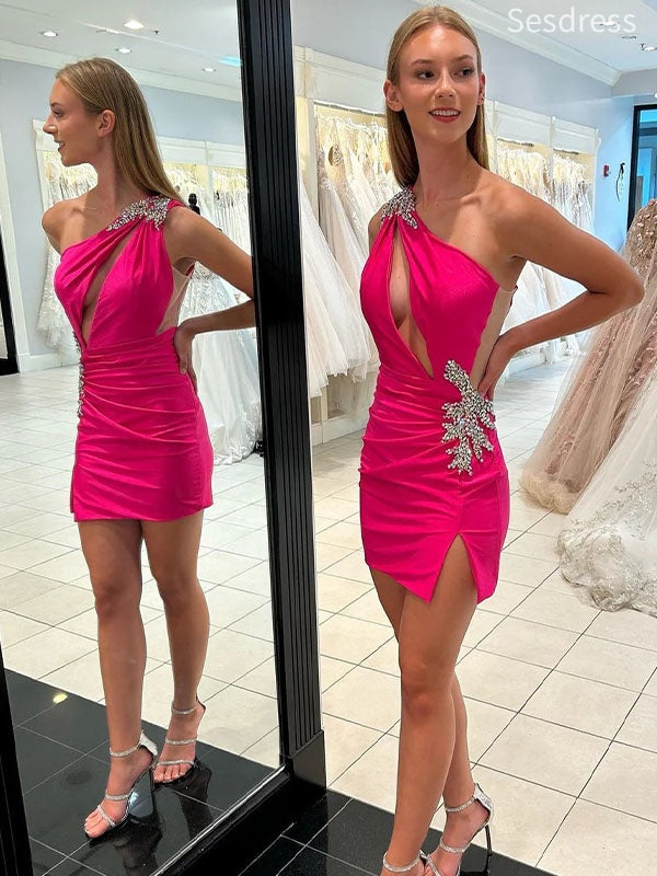 Sexy One Shoulder Beaded Bodycon Short Mini Dress Homecoming Dress