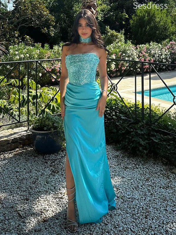 Gorgeous Sequin Strapless Side Slit Pleats Halter Mermaid Long Evening Dress,Prom Dress
