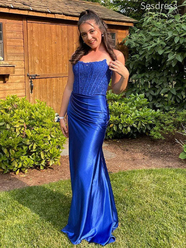 Gorgeous Blue Scoop Strapless Lace Pleats Mermaid Long Evening Dress,Prom Dress