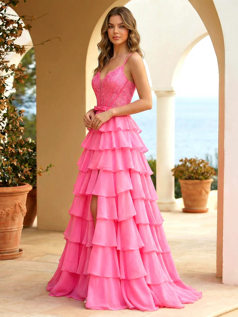 Fuchsia A Line  Applique Bow Prom Gowns with Slit