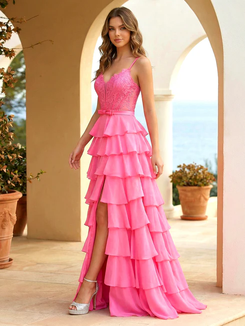 Fuchsia A Line  Applique Bow Prom Gowns with Slit