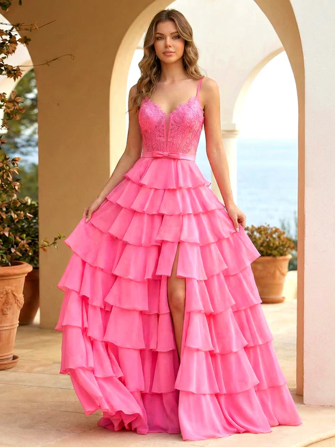 Fuchsia A Line  Applique Bow Prom Gowns with Slit