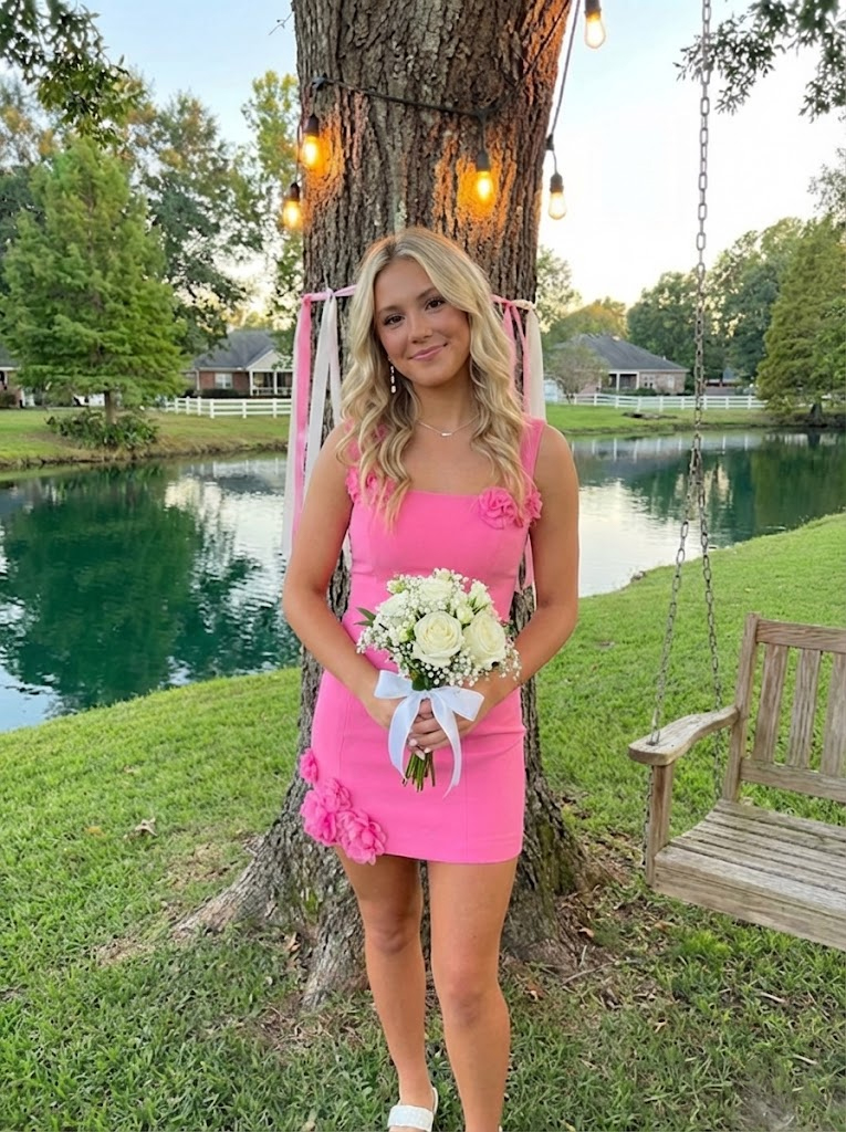 Gorgeous Hot Pink Appliques Square Strap Bodycon Short Mini Dress Homecoming Dress