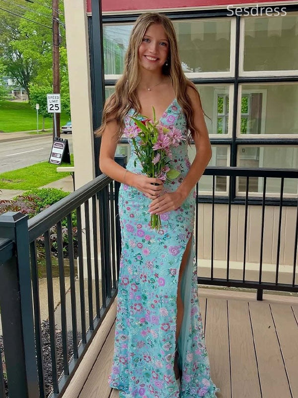 Gorgeous V-neck Spaghetti Strap Side Slit Mermaid Long Evening Dress,Prom Dress