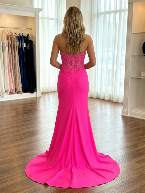 Hot Pink Strapless Mermaid Applique Slit Prom Gown with Train