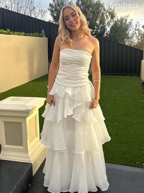 Ivory Strapless Ruffles A-line Long Evening Dress,Prom Dress