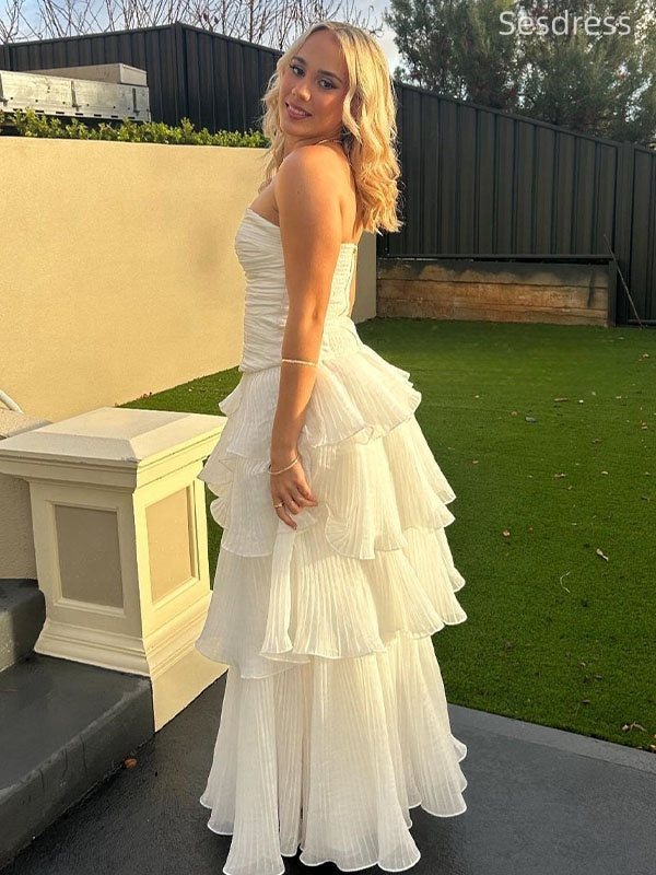 Ivory Strapless Ruffles A-line Long Evening Dress,Prom Dress