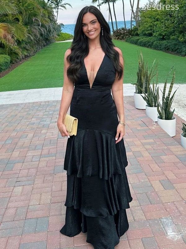 Sexy Black V-neck Straps A-line Long Evening Dress,Prom Dress