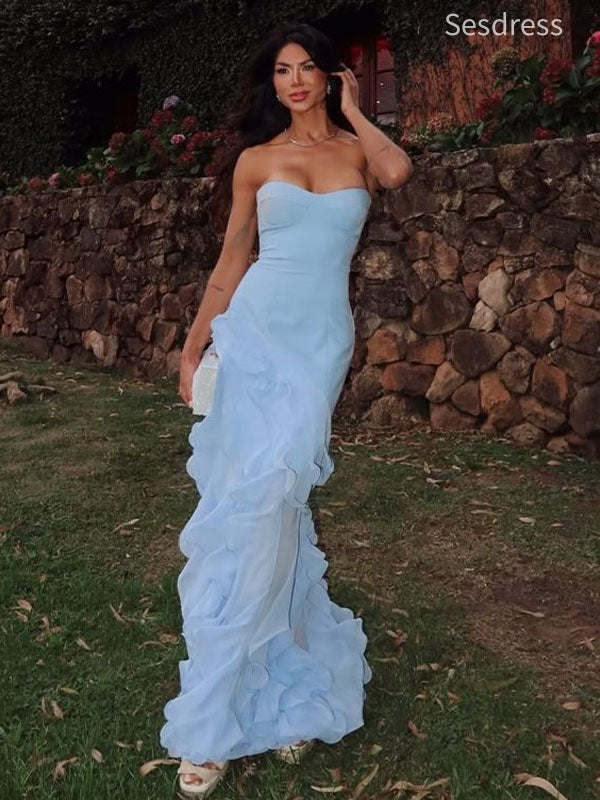 Elegant Blue Strapless A-line Long Evening Dress,Prom Dress