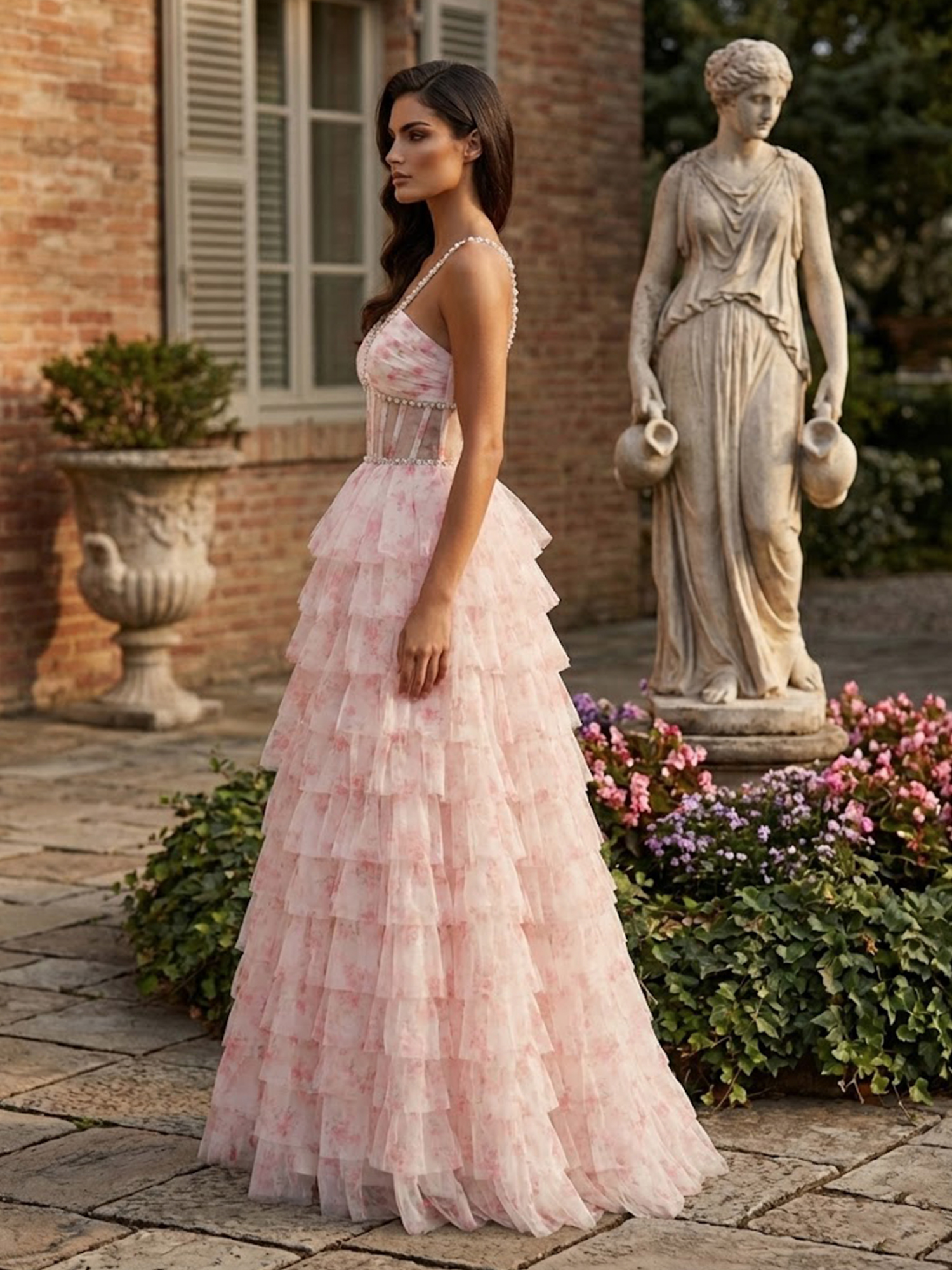 Tiered Floral Prom Dresses for Teens V Neck Bead A Line Sweet 16 Dress