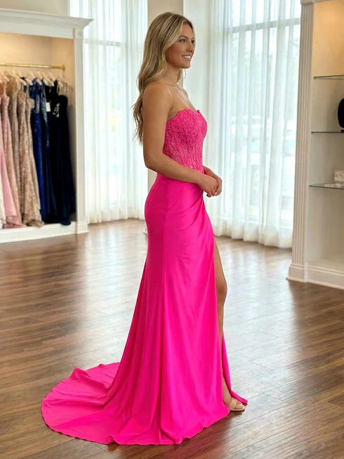 Hot Pink Strapless Mermaid Applique Slit Prom Gown with Train