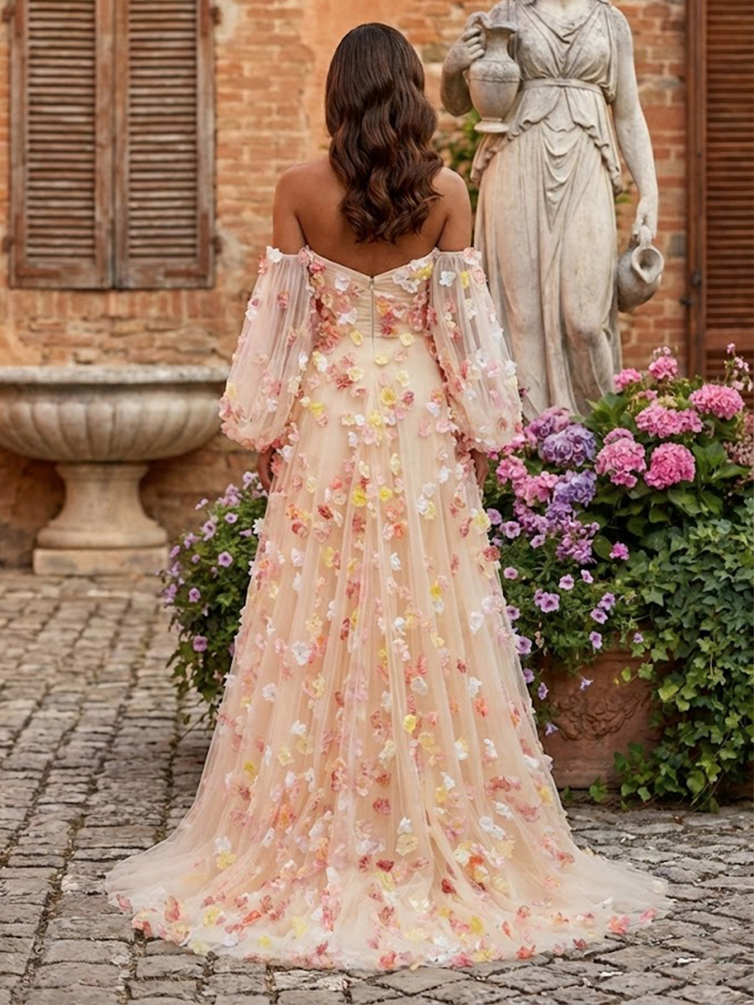 3D Flower Prom Dresses for Teens Puff Sleeves Spring Wedding Guest Dress