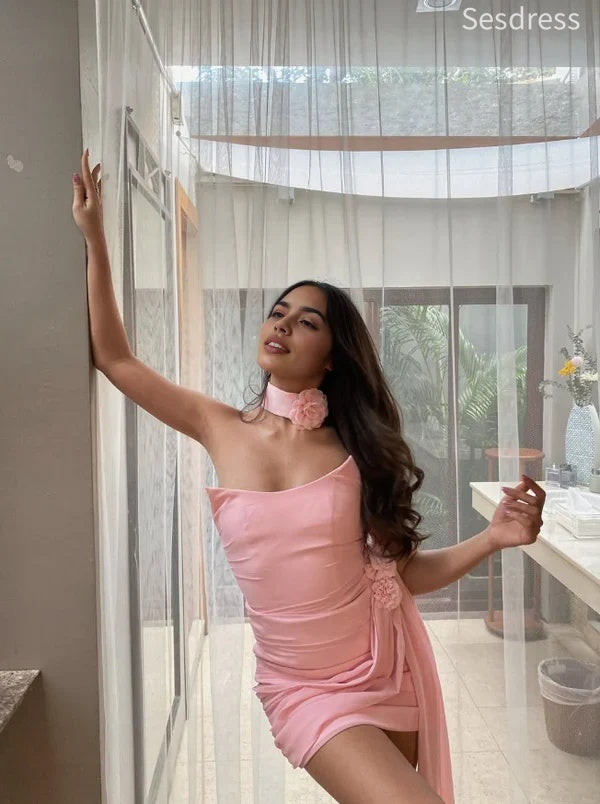 Gorgeous Pink Scoop 3D Flower Strapless Pleats Short Mini Dress Homecoming Dress