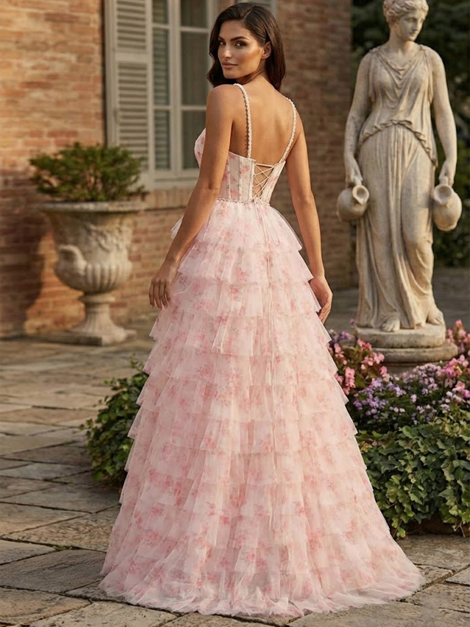 Tiered Floral Prom Dresses for Teens V Neck Bead A Line Sweet 16 Dress