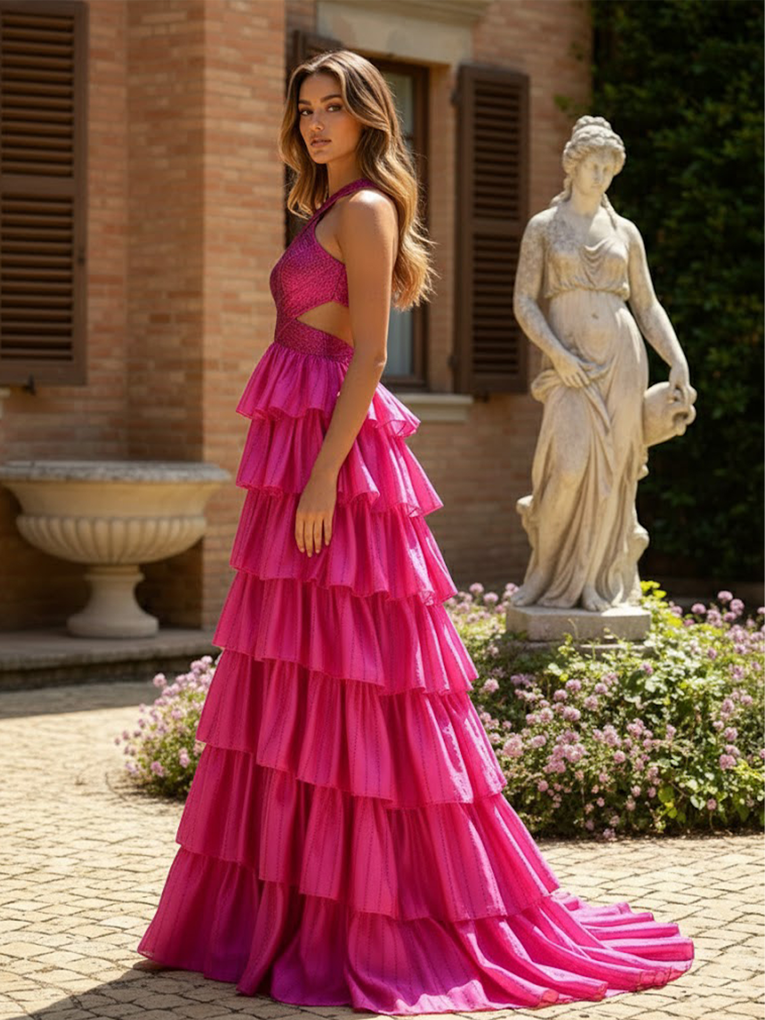 Halter Neck Tiered Prom Dresses for Teens Hollowed Evening Party Dress