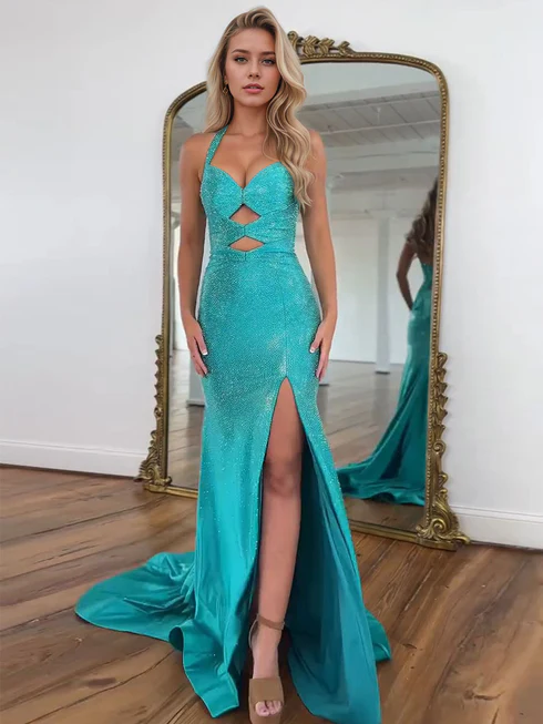 Light Blue Sparky Sequins Halter Neck Mermaid Prom Gown with Train