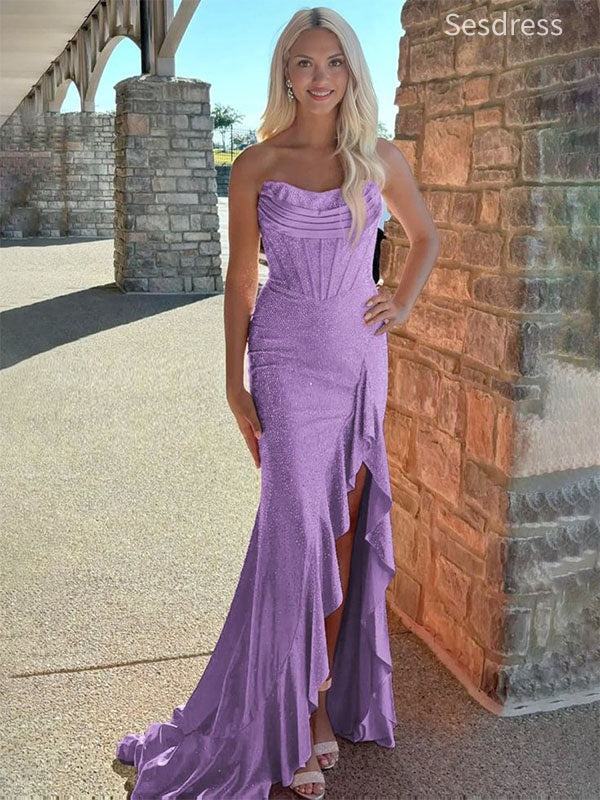 Elegant V-neck Strapless Side Slit Mermaid Long Evening Dress,Prom Dress