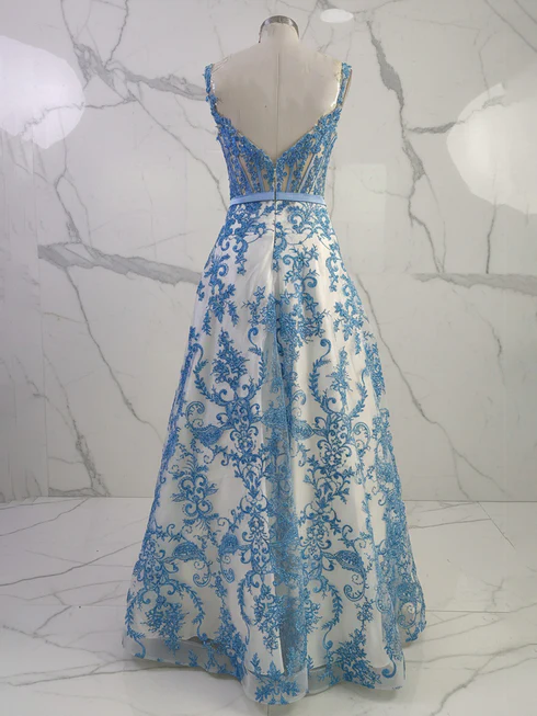Blue Regular Straps A Line Bow Prom Gowns with Applique